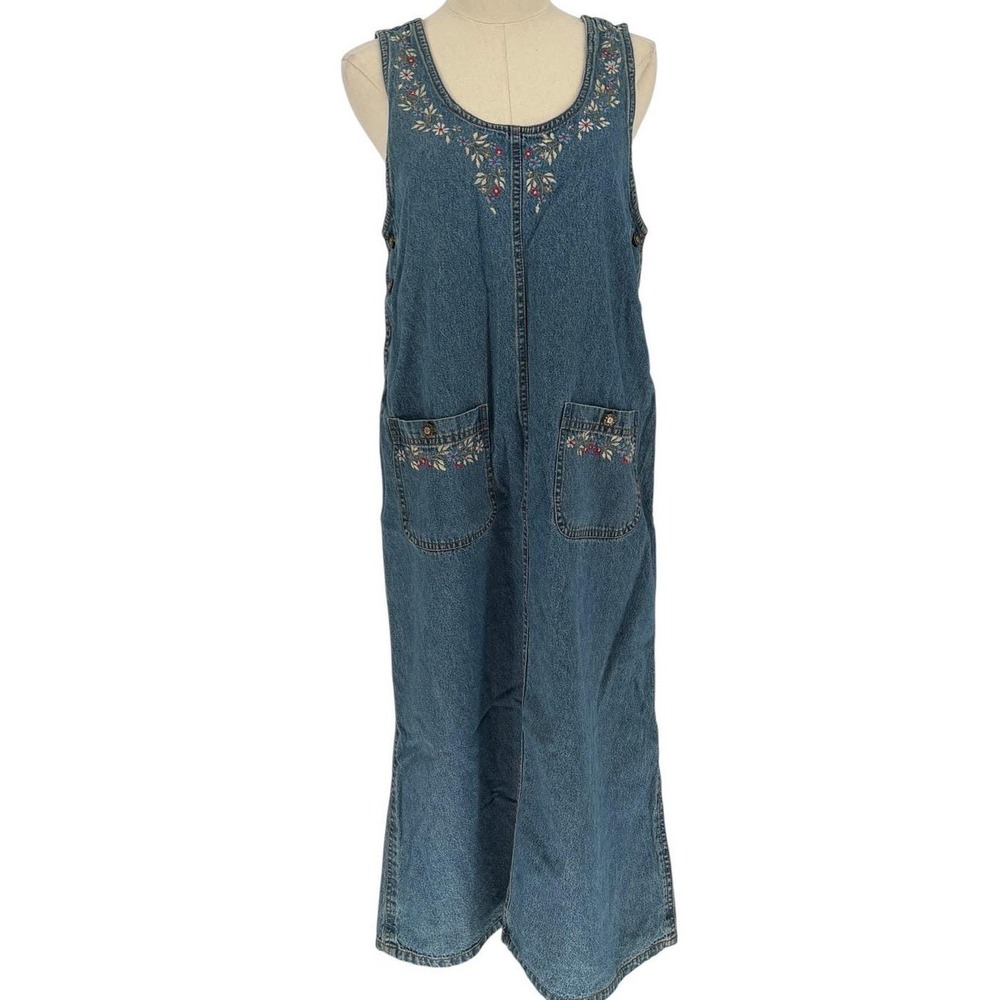Vintage Jane Ashley Petite‎ Denim Jumper Dress Blue Floral Embroidered Petite
